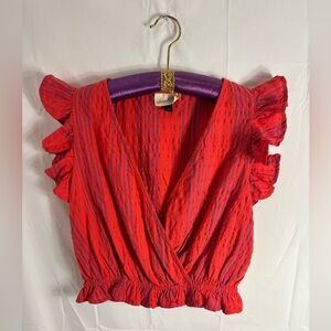 Salmon Pink Purple Striped Ruffle V Neck Cottagecore Boho Women’s Top Size M